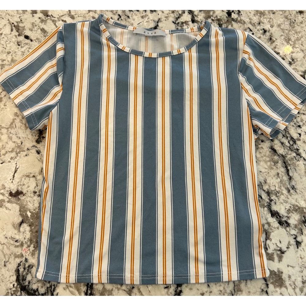 Gaze Striped Casual Short Sleeve T Shirt Women Size S Blue White Orange